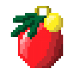 Christmas ball with fir branch isolated on transparent background. Xmas icon. Vector pixel art illustration of New Year