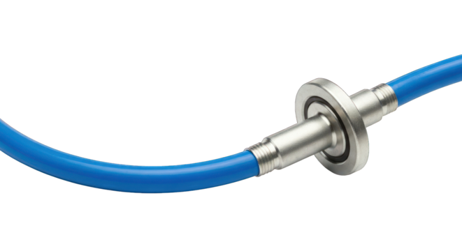 Blue hose connecting via metal flange fitting, curved against black background