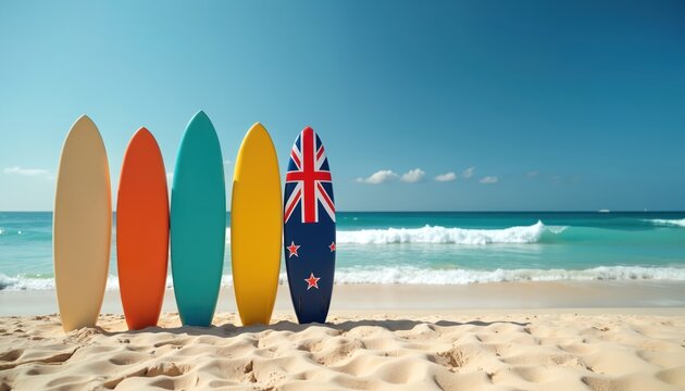 Colorful surfboards line a sandy beach. Gentle waves wash onto the shore under a clear blue sky. One board displays the New Zealand flag, suggesting a surfing destination. - Powered by Adobe