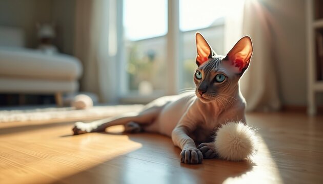 Hairless Minskin cat with bright blue eyes lies on shiny wood floor. Sunlight streams through window, illuminating exotic pet. Unique animal relaxes, enjoying warm sun rays with fluffy white toy