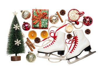 Festive Flat Lay with Ice Skates, Christmas Tree, Gifts, Ornaments, and Hot Cocoa