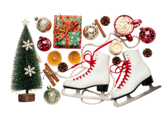 Festive Flat Lay with Ice Skates, Christmas Tree, Gifts, Ornaments, and Hot Cocoa