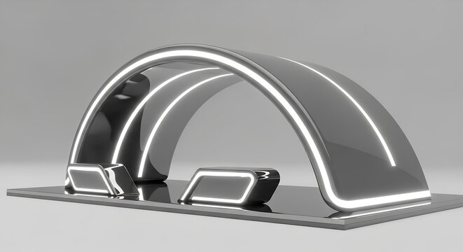 Sleek futuristic display stand with neon lights for product showcase at a trade show, modern and minimal, ideal for technology or design events