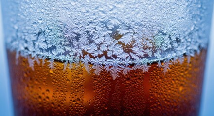 Close-up of ice crystals forming on the rim of a cold beverage glass, highlighting the frost patterns