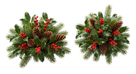 Christmas Arrangements with Holly Leaves, Red Berries, Pinecones, and Evergreen Sprigs