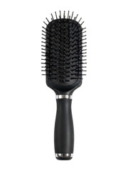 Black hairbrush with handle on black background, viewed frontally