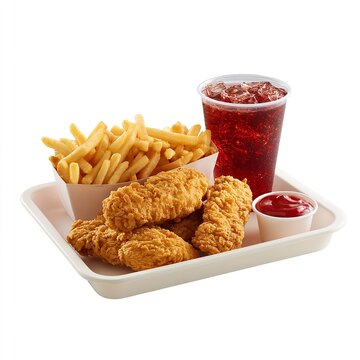 Chicken tenders with fries and soda isolated on white background, a classic fast food combo for lunch