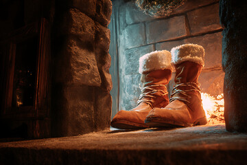 Cozy winter boots await by a warm glowing fireplace, perfect for holidays and festive celebrations, invoking comfort and joy.