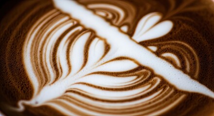 Detailed macro view of an intricate rosetta leaf latte art pattern on the creamy foam of a freshly brewed cappuccino coffee