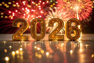 Golden 2026 balloons float in front of a vibrant fireworks display celebrating the new year