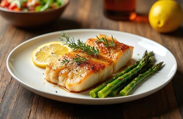 Roasted sea bass fillet with asparagus, lemon. Healthy gourmet dinner on white plate. Pan-seared cod garnished with rosemary. Delicious grilled white fish for healthy diet lunch. Generative AI food