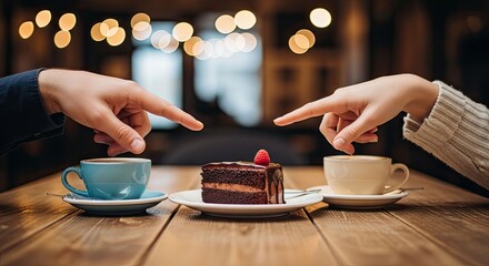 A couple's hands playfully pointing at the last slice of chocolate cake on a wooden table during a date in a cozy coffee shop
