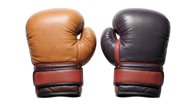 Boxing gloves, one tan, one dark, side by side - Powered by Adobe