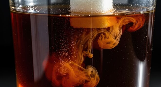 Close-up of sugar cube dissolving in a dark beverage, creating swirling patterns of cream