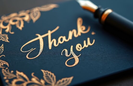 Blue card with gold Thank You text and floral design. Fountain pen lies next to card. Elegant stationery for expressing gratitude and appreciation. Beautiful calligraphy on dark blue background.