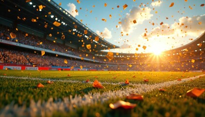Golden confetti falls on sunlit soccer stadium. People celebrate in crowded stands. Green football field with white lines. Blue sky with clouds at sunset.