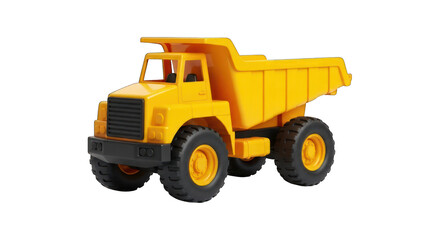 Bright yellow dump truck toy, with large tires, on a black background
