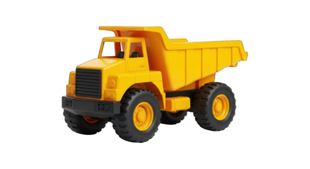 Bright yellow dump truck toy, with large tires, on a black background