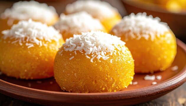 Authentic Vietnamese Che Kho Gao Nep Sticky Rice Dessert Beautifully Shaped into Flowers Topped with Grated Coconut Served on a Rustic Brown Plate With Soft Natural Lighting.