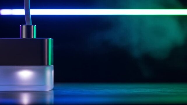 Modern aroma diffuser emitting mist with vibrant neon light in the background, creating a relaxing ambiance