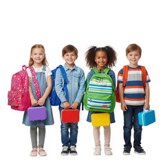 Children Ready for School with Backpacks and Lunchboxes