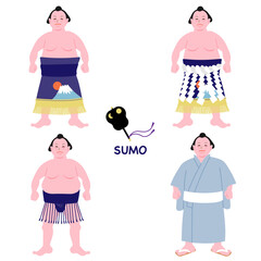 Vector illustration of four cute sumo wrestlers in different outfits and a gunbai fan