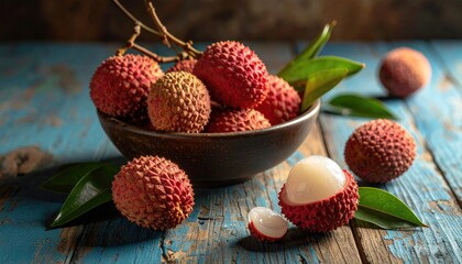 Fresh Red Lychees In A Bowl On A Rustic Blue Wooden Table With Natural Light And Green Leaves Scattered Around