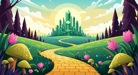 Vibrant fantasy illustration Golden path through green hills, glowing flowers, and mystical trees leads to majestic green city under radiant sky