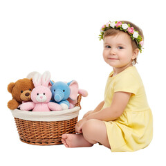 Child with Basket of Stuffed Animals