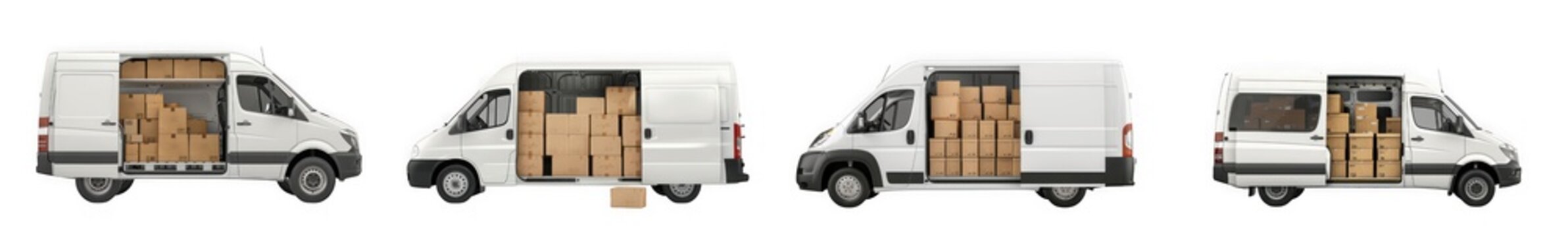 Four white delivery vans with open doors and loaded with cardboard boxes, isolated on transparent background