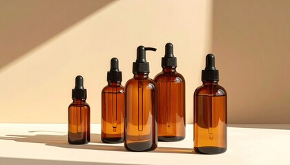 Group of Amber Glass Dropper Bottles of Various Sizes Arranged on a Light Colored Surface with Dramatic Sunlight and Shadow Play on a Neutral Background
