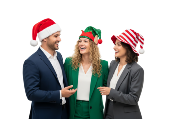 Business Team in Festive Hats Smiling on White Background