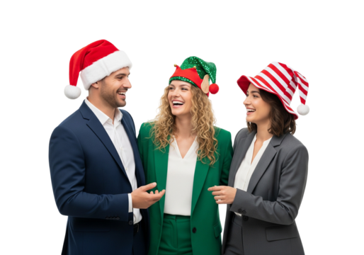Business Team in Festive Hats Smiling on White Background