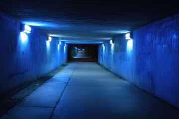 Blue-lit tunnel corridor leading to dark, distant exit