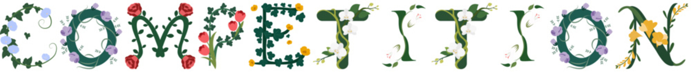 Naklejka premium COMPETITION, Floral Typography Alphabet Illustration
