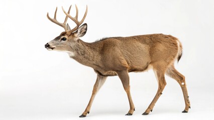 Obraz premium Realistic mule deer on white studio background, detailed full body portrait with large ears, antlers, soft brown fur, and professional lighting