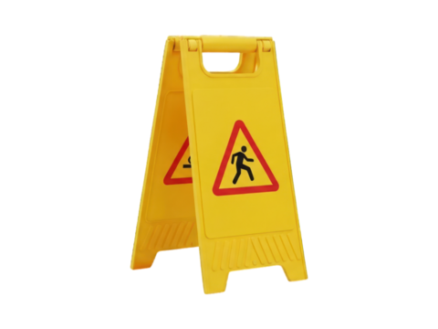 Bright yellow warning sign with red triangle picturing a person slipping