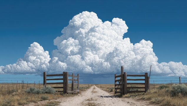 Open gate leads to clouds. Sky is blue. Terrain arid - Powered by Adobe