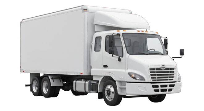 Clean, white box truck with a cab-over design, isolated on black background