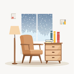Warm Lamp and Bookshelf Minimal Interior Vector Art