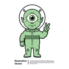 Friendly Space Explorer A Cheerful Green Alien Giving a Peace Sign in a Cute Illustration