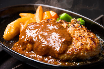 鉄板で焼いたデミグラスソースの手ごねハンバーグ