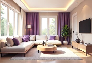 Fototapeta premium A well-lit, contemporary living room, neutral tones with accents of purple, creating a sophisticated and inviting space, scandi design