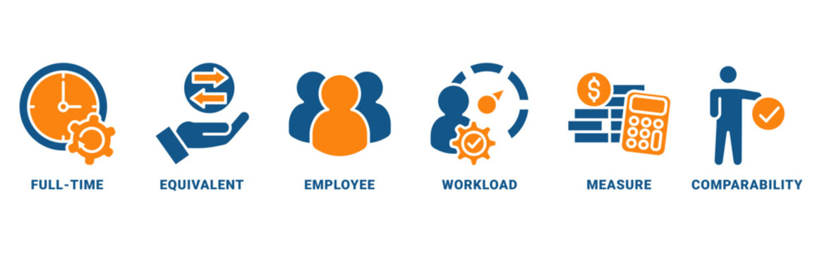 FTE (Full Time Equivalent) icon set vector concept with icon of full-time, equivalent, employee, workload, measure, comparability 