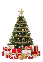 Christmas Tree with Gold Ornaments and Gifts