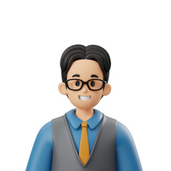 Friendly Male Teacher Avatar with Black Hair Glasses Blue Shirt Grey Vest and Yellow Tie on Transparent Background