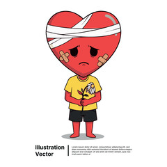 Cartoon Heart with Bandages and Sad Expression Holding a Flower