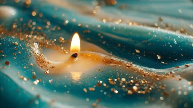 Close up of a burning candle with blue wax and gold glitter