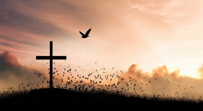 Cross and Birds at Dusk: A silhouette of a cross stands on a hill, a symbol of faith and hope, with birds taking flight at dusk, conveying serenity. Generative Ai