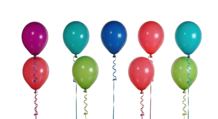Colorful balloons arranged in two rows against a black background